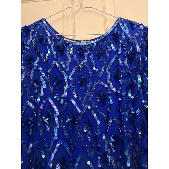 O.R. Silk Dress‎ Women's Small Blue Beaded Sequin Evening Cocktail Dress Vintage - Picture 4 of 15